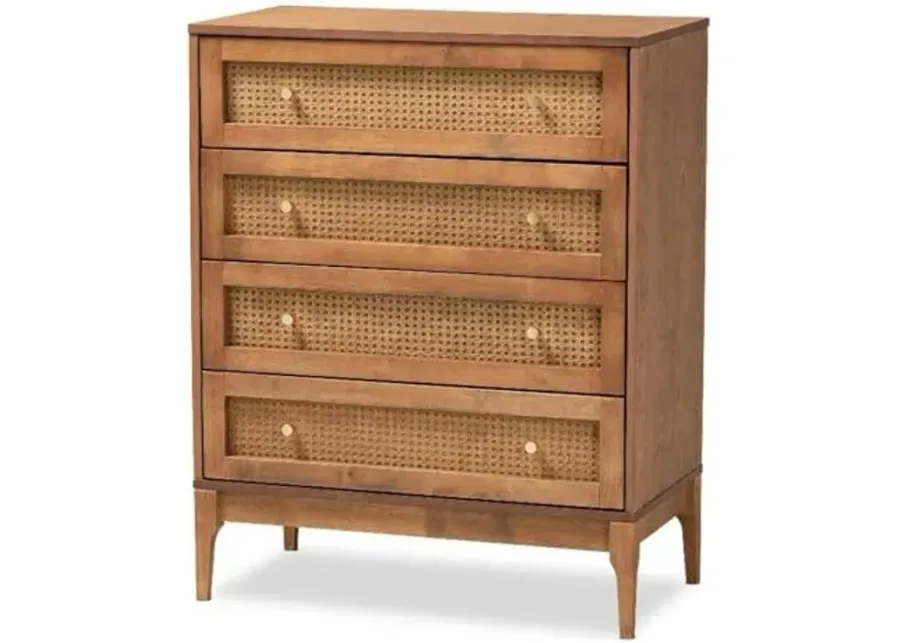Baxton Studio Ramiel Mid-Century Modern Ash Walnut Finished Wood and Rattan 4-Drawer Chest-Natural Brown, Gold