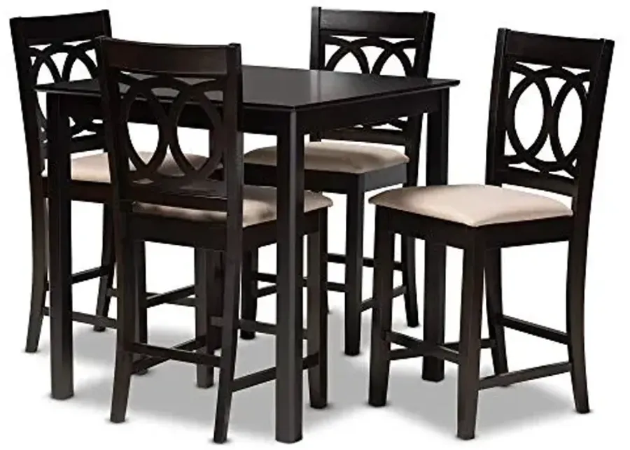Baxton Studio Lenoir Pub Set Sand Fabric Upholstered Espresso Brown Finished 5-Piece Wood Pub Set-Sand, Espresso Brown