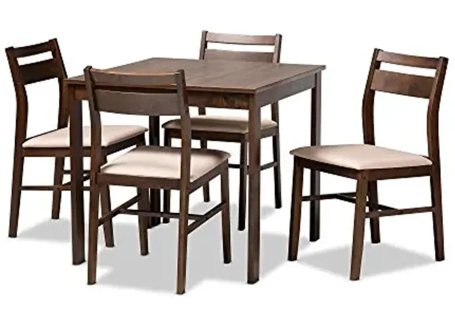 Baxton Studio Lovy Modern and Contemporary Beige Fabric Upholstered Dark Walnut-Finished 5-Piece Wood Dining Set-Beige