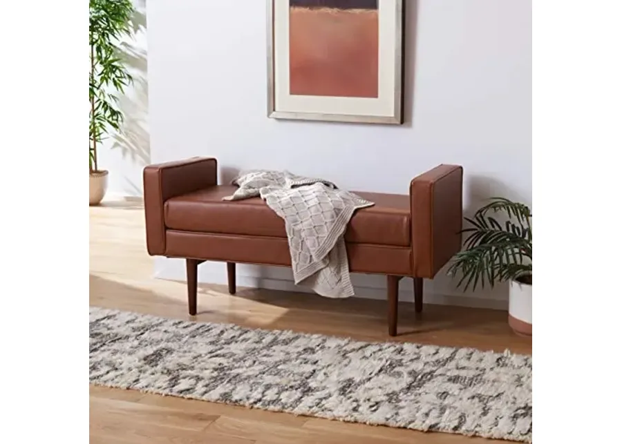 Safavieh Home Henri Mid-Century Light Beige Linen 25-inch Bench-Light Brown, Walnut