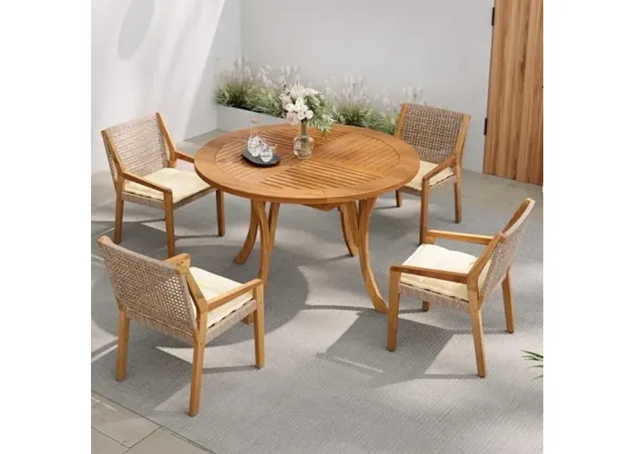 Christopher Knight Home Verle Wooden Patio Dining Set for 4, Acacia Wood Outdoor Dining Table Set for 4, 5 Piece Outdoor Dining Set with Round Table and Armchair with Seat Cushion, Teak+Beige-Teak+beige