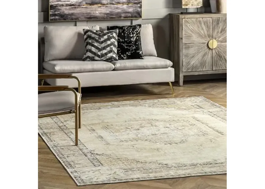 nuLOOM Glenda Machine Washable Faded Medallion Ultra Thin Area Rug, 8x10, Light Grey-Glenda Cream