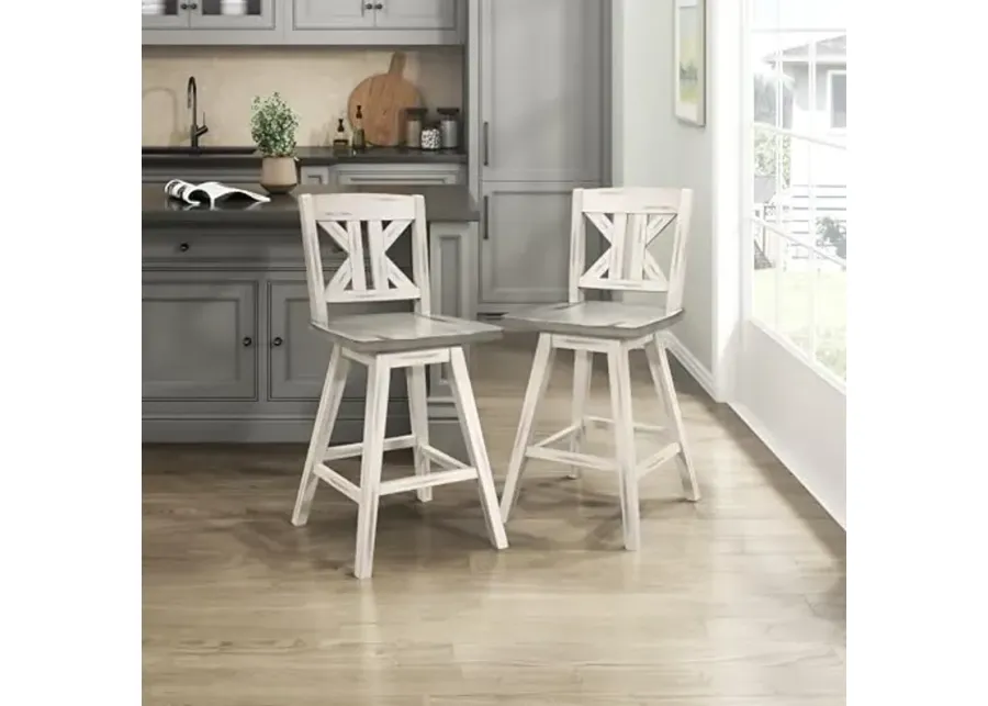 Lexicon Swivel Counter Height Bar Stools-Set-of-2, Modern Solid Wood Kitchen Stools Counter Height, High Back, Swivel Seat, Footrest for Kitchen Island, Easy Assembly, Divided X-Back, 24" SH, White-White
