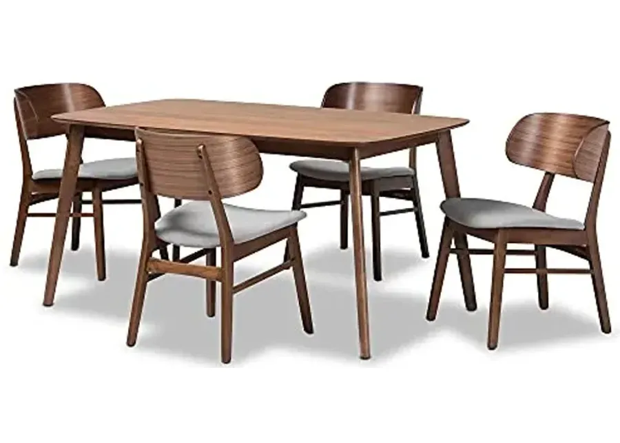 Baxton Studio Alston Dining Set Dining Set Grey Fabric Upholstered and Walnut Brown Finished Wood 5-Piece Dining Set-Grey