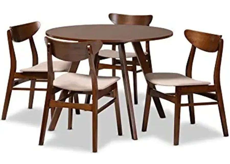 Baxton Studio Philip Mid-Century Modern Transitional Light Beige Fabric Upholstered and Walnut Brown Finished Wood 5-Piece Dining Set-Light Beige