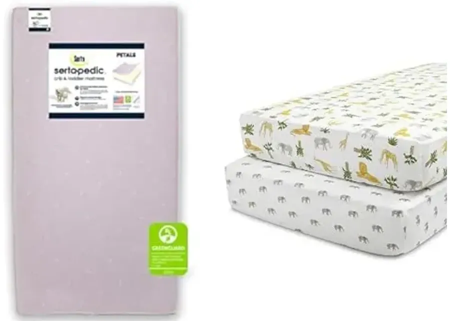 Serta Sertapedic Petals Fiber Core Crib and Toddler Mattress + Delta Children Fitted Crib Sheets for Girls and Boys (Pack of 2), Safari Friends (Bundle)-Safari Friends