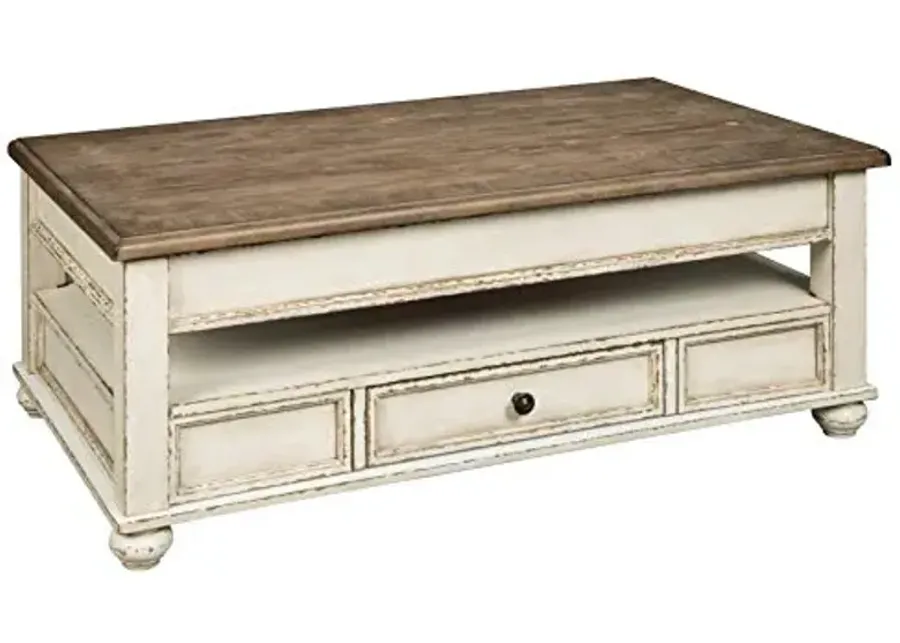 Signature Design by Ashley Realyn Vintage Farmhouse Rectangular Lift Top Coffee Table with Storage Drawer, White & Brown-White Wash