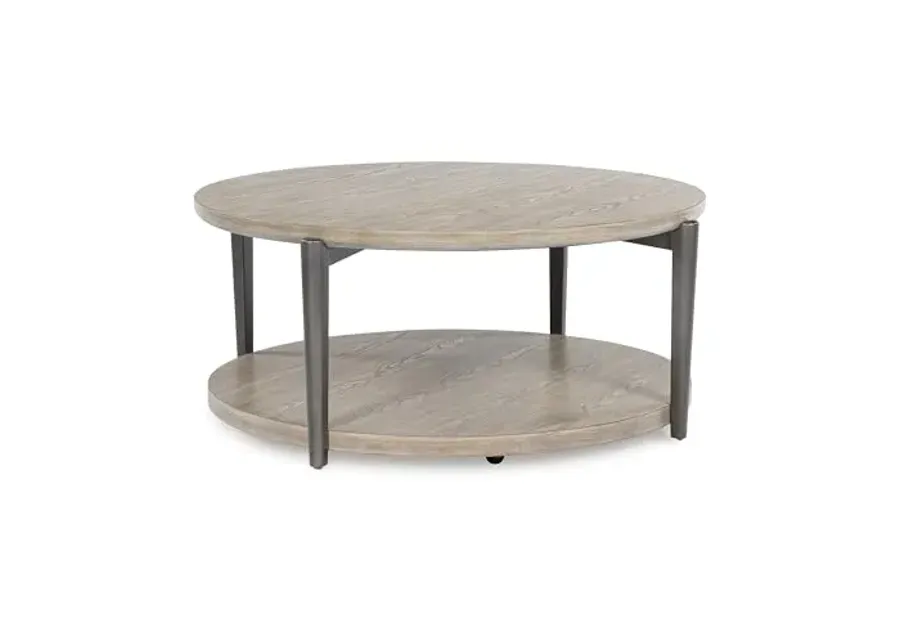 Signature Design by Ashley Dyonton Round Coffee Table with Wheels, Light Grayish Brown-Light Grayish Brown