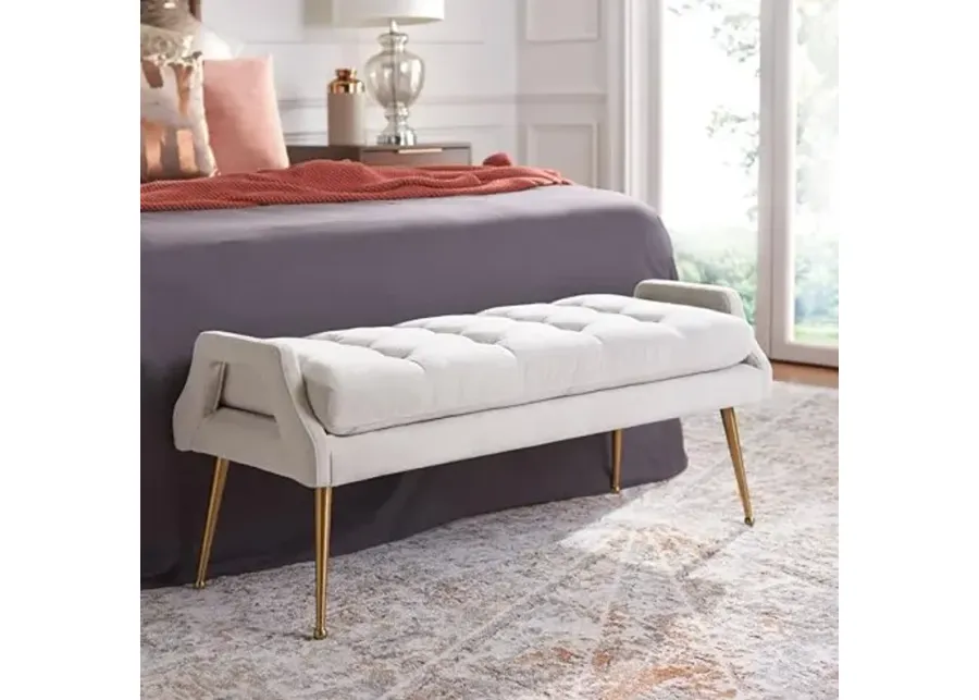 SAFAVIEH Home Collection Everdeen Glam Light Grey Velvet/Gold Pillow Top Tufted Bench-Light Grey, Gold
