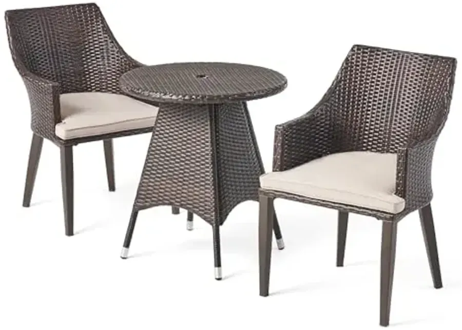 Christopher Knight Home Hillhurst Outdoor 3 Piece Wicker Bistro Set with Water Resistant Cushions, Light Brown-Multibrown + Light Brown