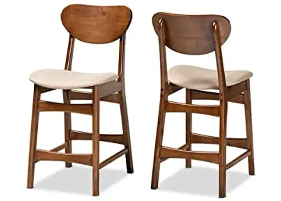 Baxton Studio Katya Mid-Century Modern Sand Fabric Upholstered and Walnut Brown Finished Wood 2-Piece Counter Stool Set-Sand, Walnut Brown