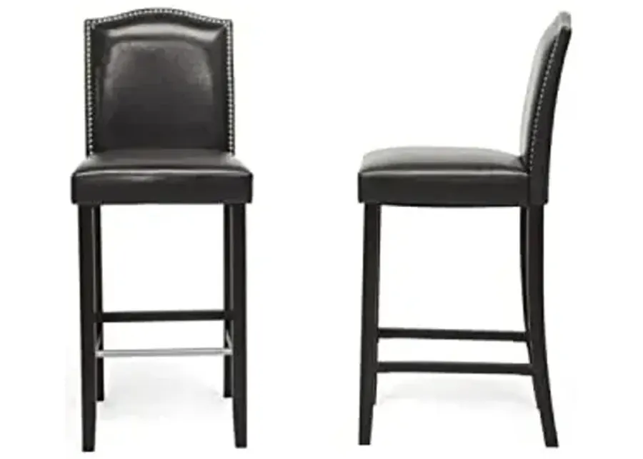 Baxton Studio Libra Black Modern Bar Stool with Nail Head Trim-Dark Brown, silver