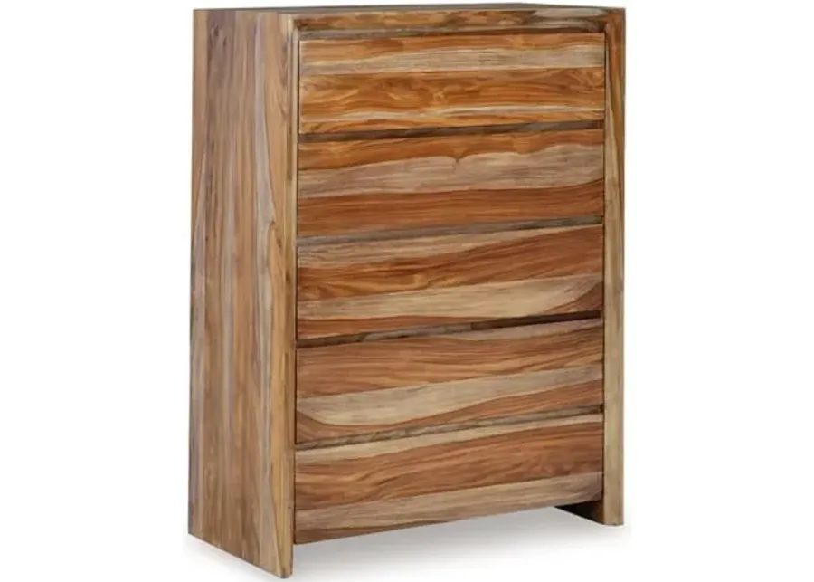 Signature Design by Ashley Dressonni Farmhouse 5-Drawer Chest of Drawers with Beveled Edge and Felt Lining, Light Brown-Brown