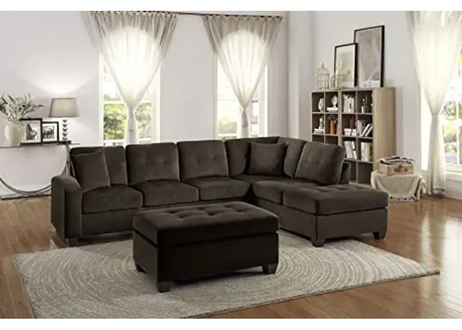 Homelegance Emilio 3-Piece Reversible Sectional with Ottoman - Chocolate-Chocolate