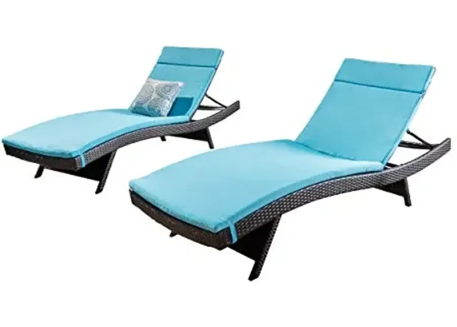 Christopher Knight Home Salem Outdoor Wicker Adjustable Chaise Lounges with Cushions, 2-Pcs Set, Multibrown / Blue-Multibrown, Blue