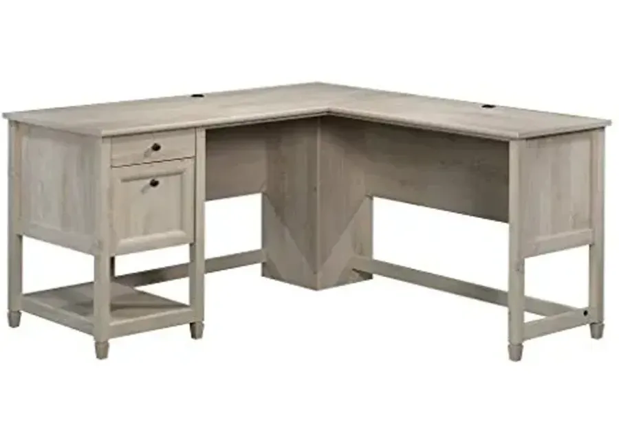 Sauder Edge Water L-Shaped Corner Desk with Storage Drawers and Open Shelf, in Chalked Chestnut-Chalked Chestnut
