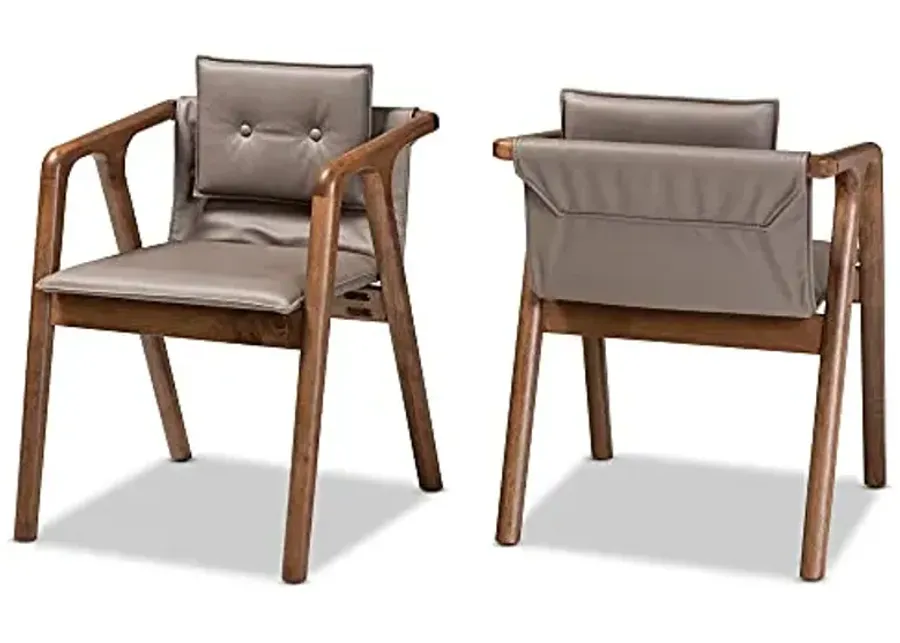 Baxton Studio Marcena Dining Chair Set Grey Imitation Leather Upholstered and Walnut Brown Finished Wood 2-Piece Dining Chair Set-Grey