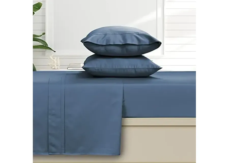 Tribeca Living King Bed Sheet Set, Soft Egyptian Cotton Sateen Solid Sheets and Pillowcase Set, Deep Pocket, 500 Thread Count, 6-Piece Luxury Bedding, Midnight Blue-Midnight Blue