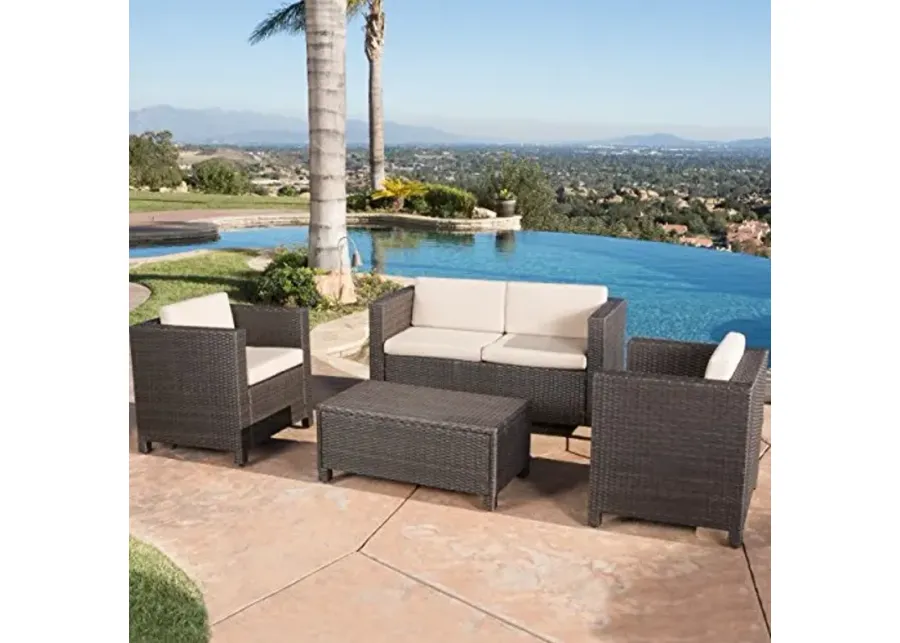 Christopher Knight Home Puerta Outdoor Wicker Sofa Set, Dark Brown And Beige-Dark Brown and Beige