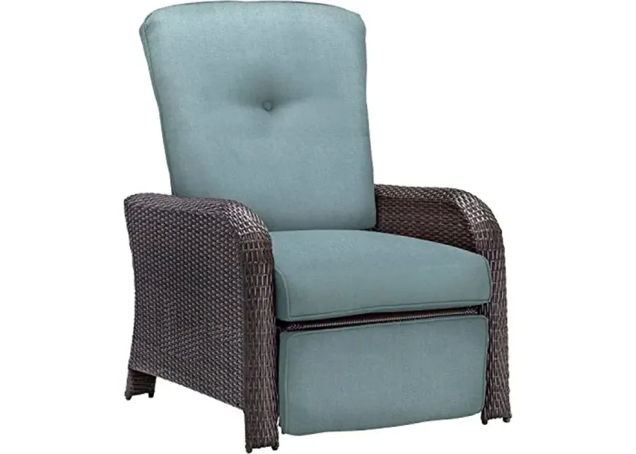 Hanover Strathmere Modern Wicker Outdoor Recliner Chair with Thick Foam Weather-Resistant Ocean Blue Cushions and Rust-Resistant Steel Frames, Luxury Outdoor Recliner for Patio and Backyard-30.25