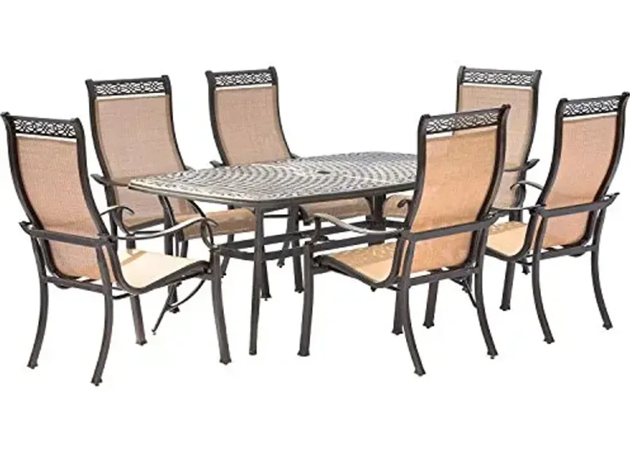 Hanover Manor 7-Piece Outdoor Dining Set, Rust Resistant Aluminum Patio Dining Set for 6 with Contoured Back Sling Chairs and Aluminum Rectangular Dining Table for Backyard, Deck, Patio, Porch-Tan