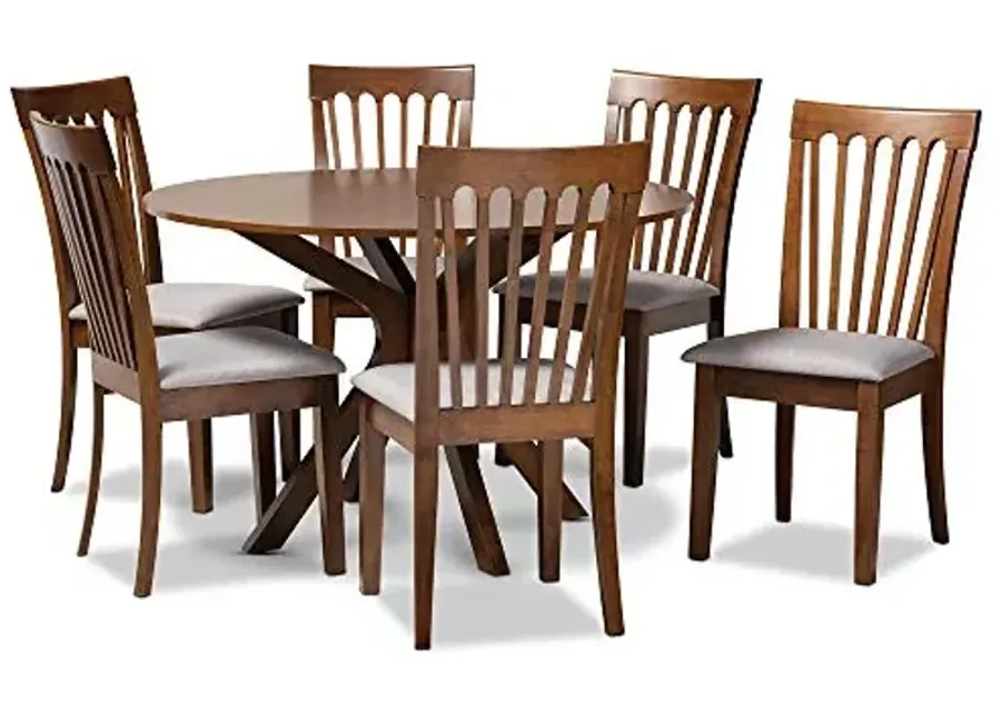 Baxton Studio Lore Modern and Contemporary Grey Fabric Upholstered and Walnut Brown Finished Wood 7-Piece Dining Set-Grey, Walnut Brown