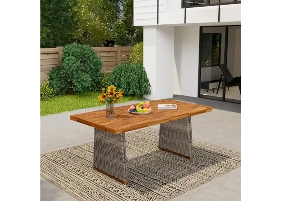 Christopher Knight Home Shuri Patio Acacia Wood Dining Table, Slatted Tabletop Outdoor Side Table with Handwoven Rattan Legs, Rectangular Outdoor Dining Table for Backyard/Garden, Grey + Teak-Grey + Teak