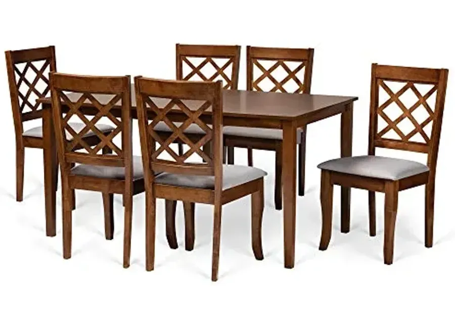 Baxton Studio Verner Dining Set - Grey Fabric Upholstered, Walnut Brown Finished Wood, 7-Piece-Grey, Walnut Brown