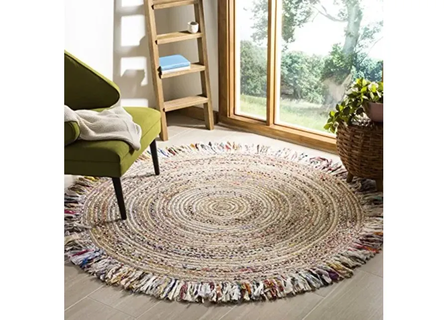 SAFAVIEH Cape Cod Collection Area Rug - 5' Round, Ivory & Light Beige, Handmade Boho Fringe Jute & Cotton, Ideal for High Traffic Areas in Living Room, Bedroom (CAP206B)-Ivory, Light Beige