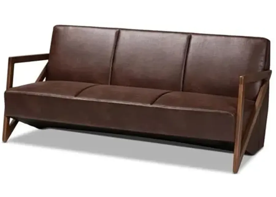 Baxton Studio Christa Mid-Century Modern Transitional Dark Brown Faux Leather Effect Fabric Upholstered and Walnut Brown Finished Wood Sofa-Brown