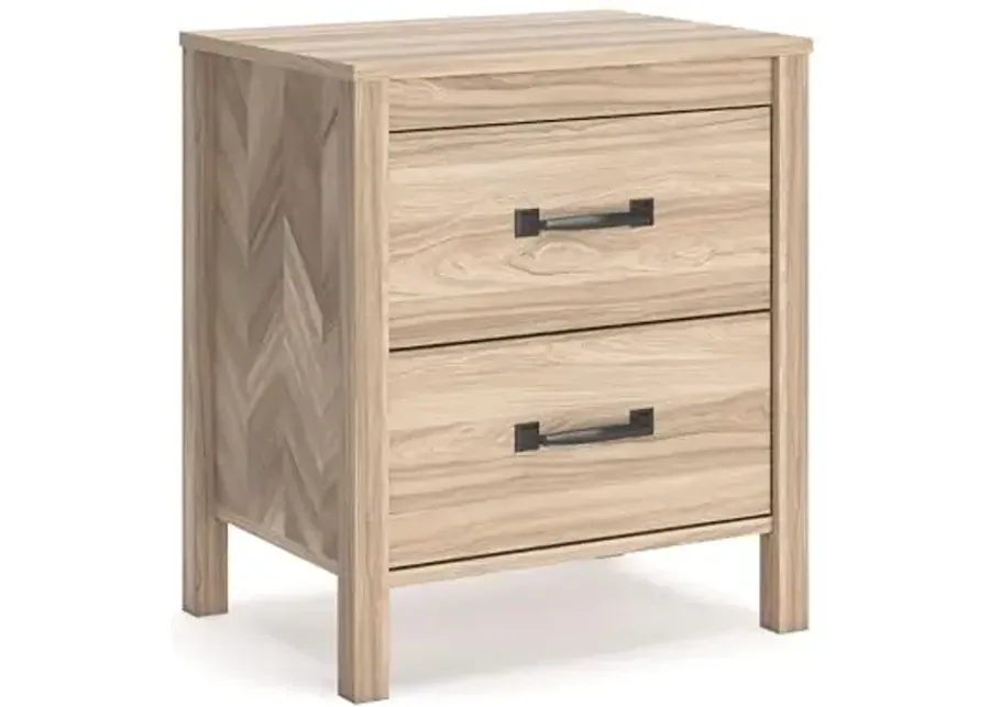 Signature Design by Ashley Battelle Mid-Century Modern 2 Drawer Nightstand with Chevron Pattern, 24.5" Tall, Light Brown-Natural