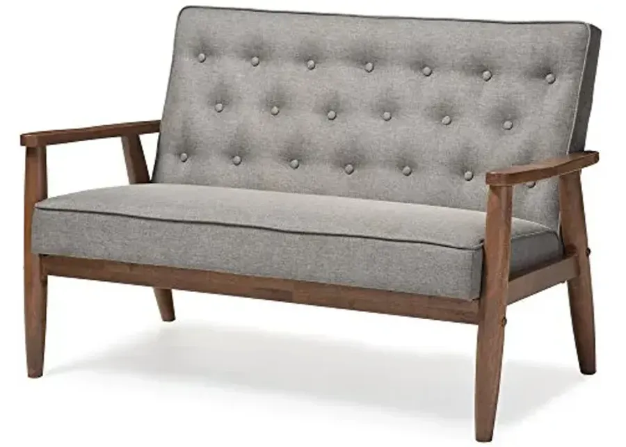 Baxton Studio Sorrento Mid-Century Retro Modern Grey Fabric Upholstered Wooden 2-Seater Loveseat-Grey
