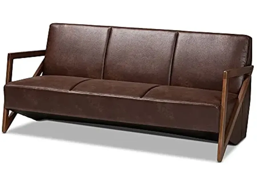 Baxton Studio Christa Mid-Century Modern Transitional Dark Brown Faux Leather Effect Fabric Upholstered and Walnut Brown Finished Wood Sofa-Dark Brown, Walnut Brown