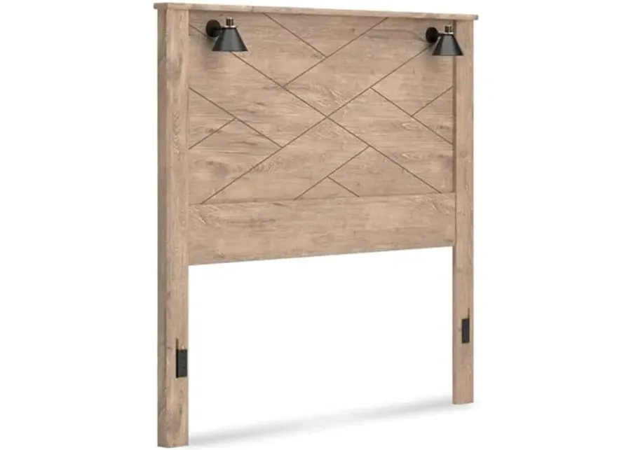 Signature Design by Ashley Senniberg Casual Rustic Oak Grain Finished Headboard with Sconce Lights ONLY, Queen, Brown-Brown & Beige
