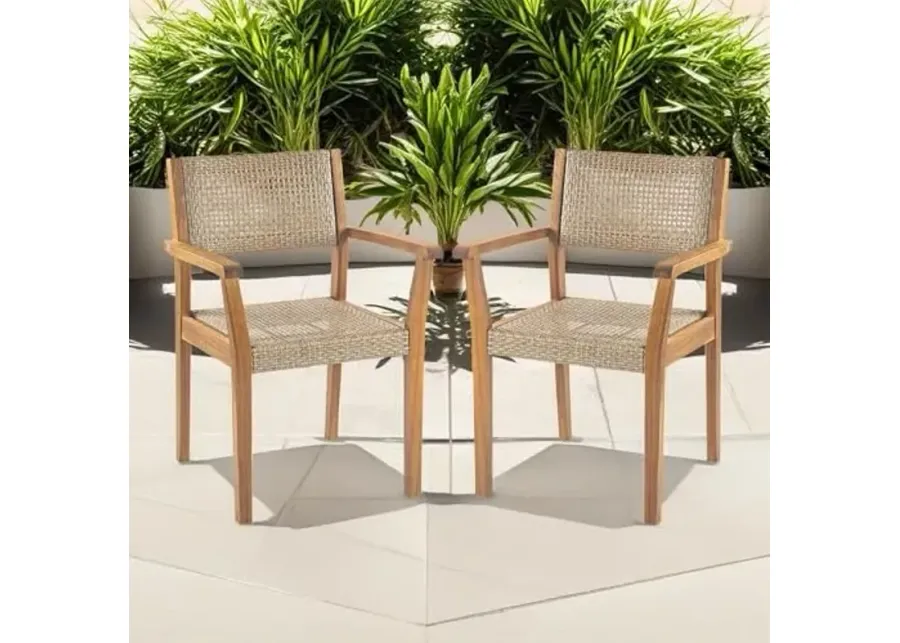 Christopher Knight Home Set of 2 Amaris Farmhouse Patio Garden Furntiure Acacia Wood Dining Chairs, Armchair for Indoor/Outdoor Dinner, Woven Wicker Accents, Poolside Kitchen Side Chair, Teak+Beige-Teak+beige
