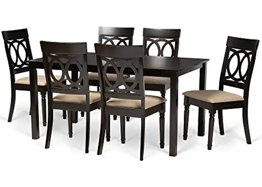 Baxton Studio Lucie Dining Set - Sand Fabric Upholstered, Dark Brown Wood 7-Piece Set-Sand, Dark Brown