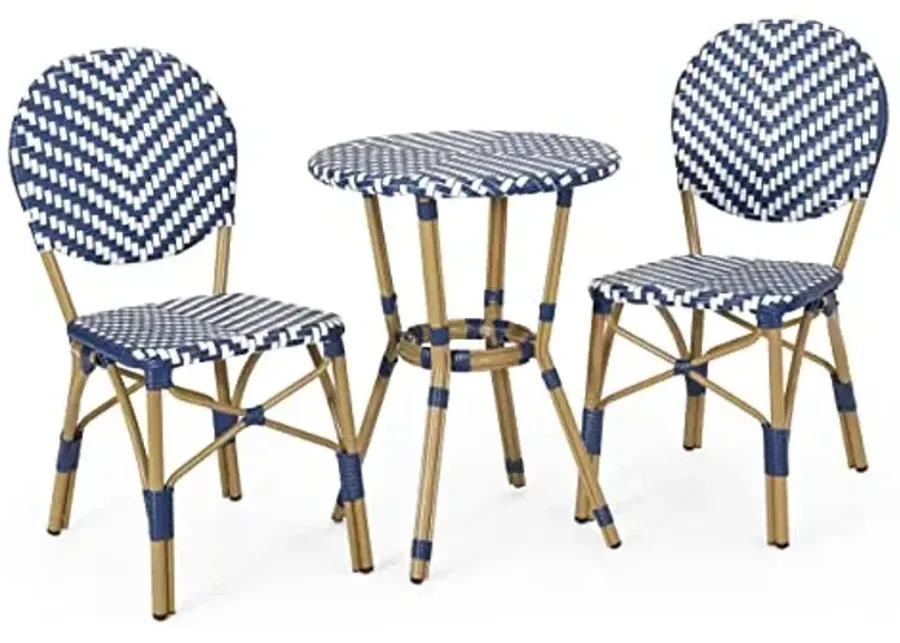 Christopher Knight Home Picardy Bistro Set, Navy Blue + White + Bamboo-Navy Blue + White + Bamboo