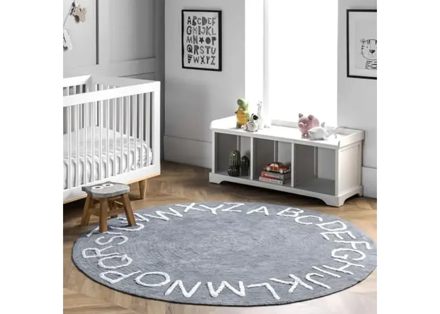 nuLOOM Kids Washable Round Alphabet Area Rug, 4' Round, Blue-Alphabet Blue Grey