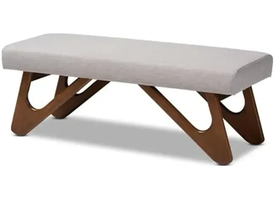 Baxton Studio Rika Mid-Century Modern Greyish Beige Fabric Upholstered Walnut Brown Finished Boomerang Bench-Greyish Beige