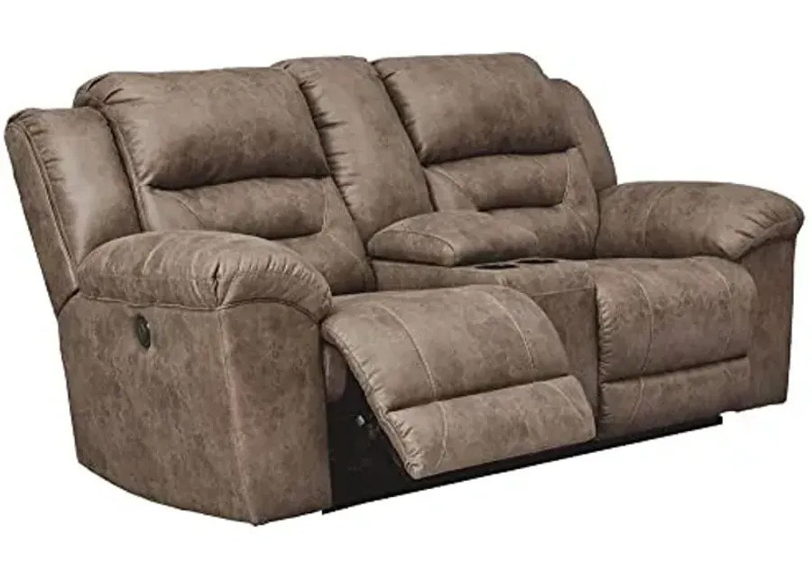 Signature Design by Ashley Stoneland Faux Leather Power Double Reclining Loveseat with Center Console, Light Brown-41
