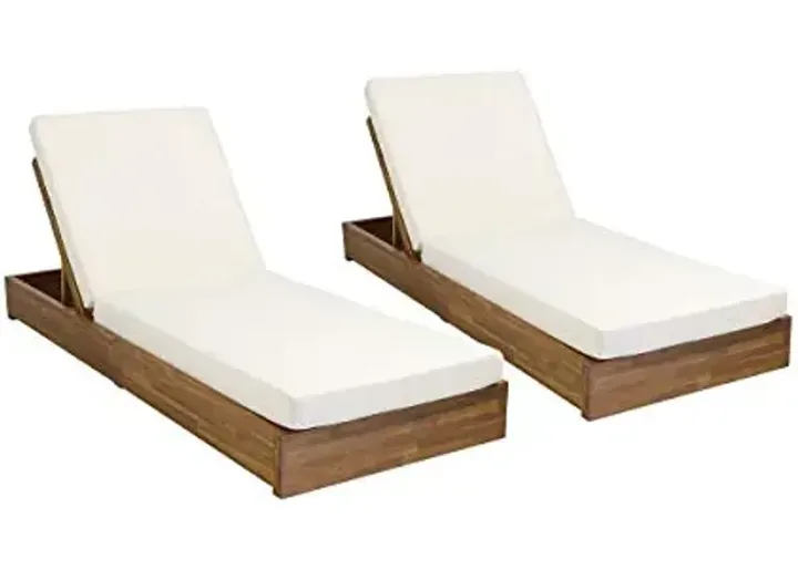 Abraham Outdoor Acacia Wood Chaise Lounge with Cushion (Set of 2), Teak and Cream-Teak Finish + Cream