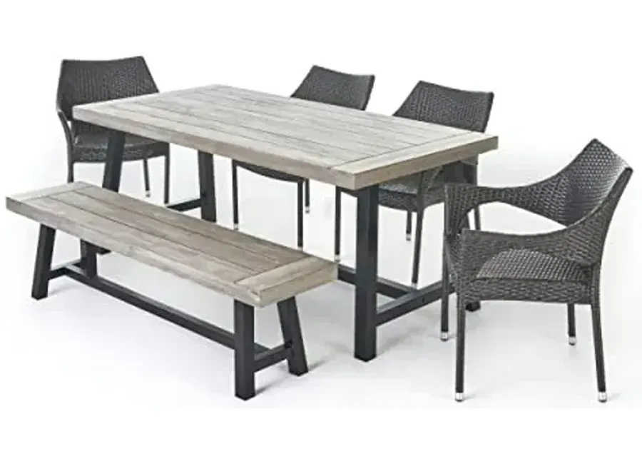 Christopher Knight Home Fletcher Outdoor Stacking Wicker Dining Set with Acacia Wood Table and Bench, 6-Pcs Set, Sandblast Light Grey / Black Rustic Metal / Grey-24.25