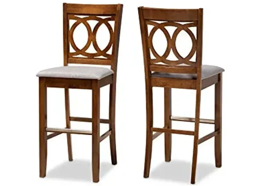 Baxton Studio Carson Modern and Contemporary Grey Fabric Upholstered and Walnut Brown Finished Wood 2-Piece Bar Stool Set-Grey, Walnut Brown