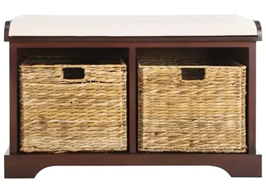 SAFAVIEH Home Collection Freddy Cherry / Wicker Basket 2-Drawer Storage Bench with Cushion (Fully Assembled)-Cherry