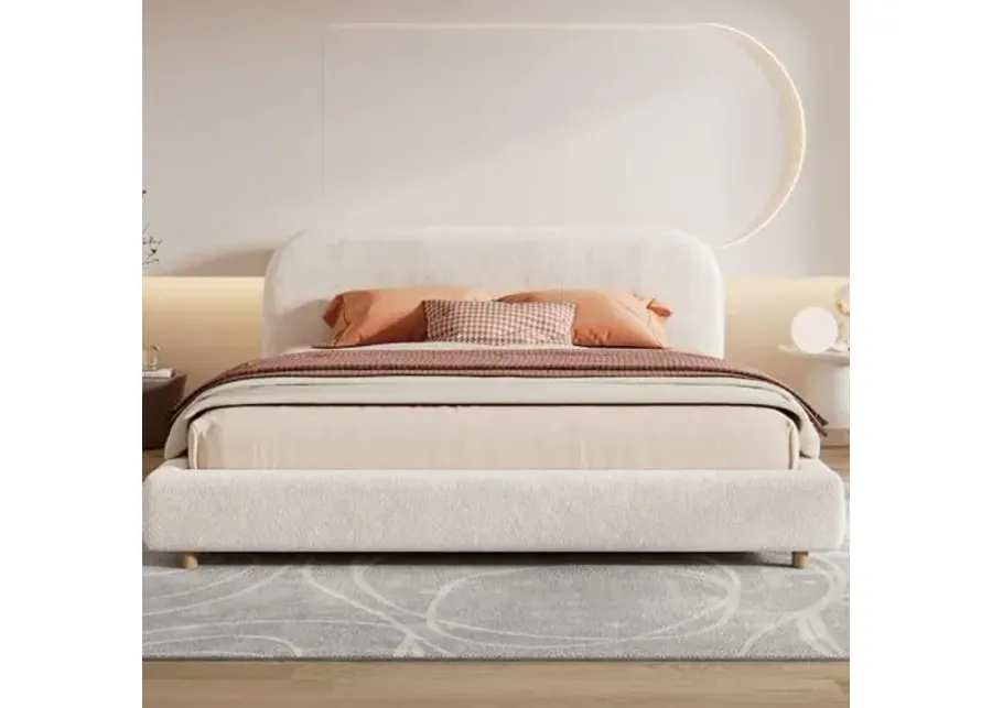 Christopher Knight Home King Size Platform Bed, Boucle Fabric Headborad and Bed Frame, Upholstered Curve-Shaped Design Headboard, Wood Bedpost and Slat, Modern Design Bed Set, Easy Assembly, White-King Size