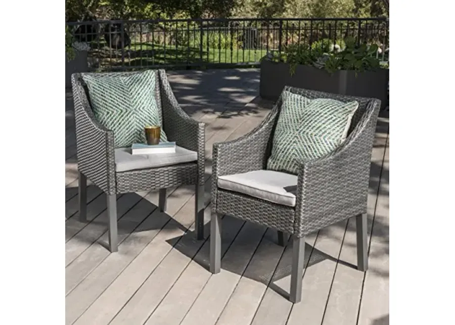 Christopher Knight Home Antibes Outdoor Wicker Dining Chairs with Water Resistant Cushions, 2-Pcs Set, Grey / Silver-Grey, Silver