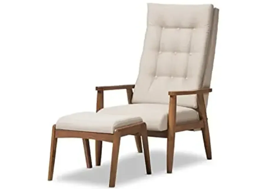 Baxton Studio Roxy Mid-Century Modern Walnut Wood Finishing and Light Beige Fabric Upholstered Button-Tufted High-Back Lounge Chair and Ottoman Set-Brown