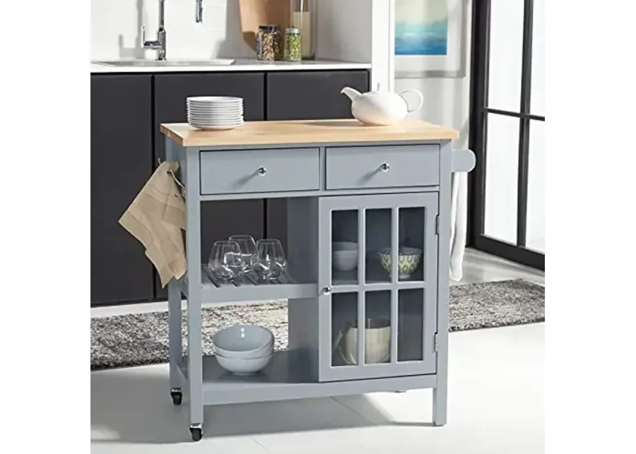SAFAVIEH Home Collection Locklyn Grey/Natural 2-Drawer Storage Trolley Kitchen Cart with Wheels-Grey, Natural