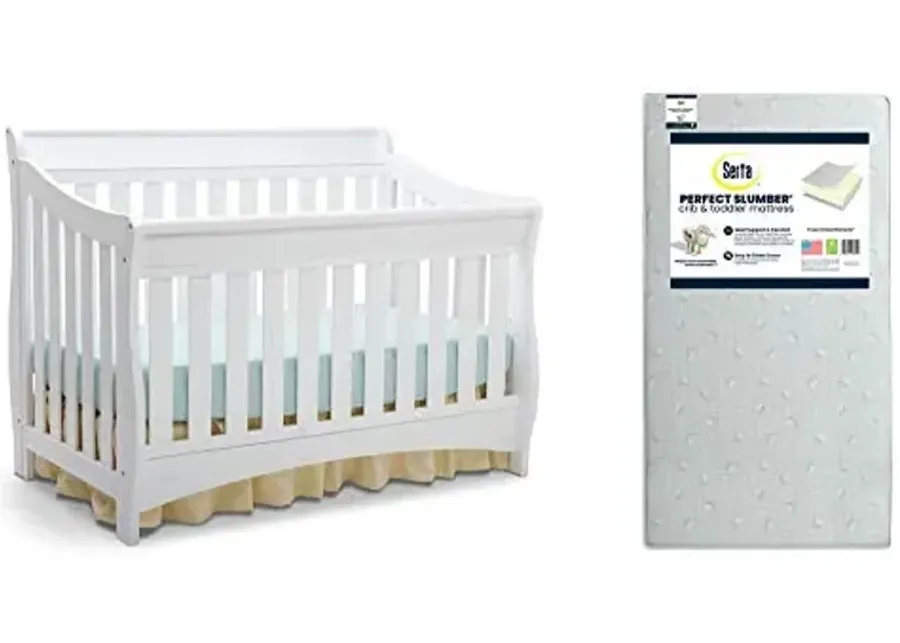 Delta Children Bentley S Series 4-in-1 Crib, White + Serta Perfect Slumber Dual Sided Recycled Fiber Core Crib and Toddler Mattress (Bundle)-White
