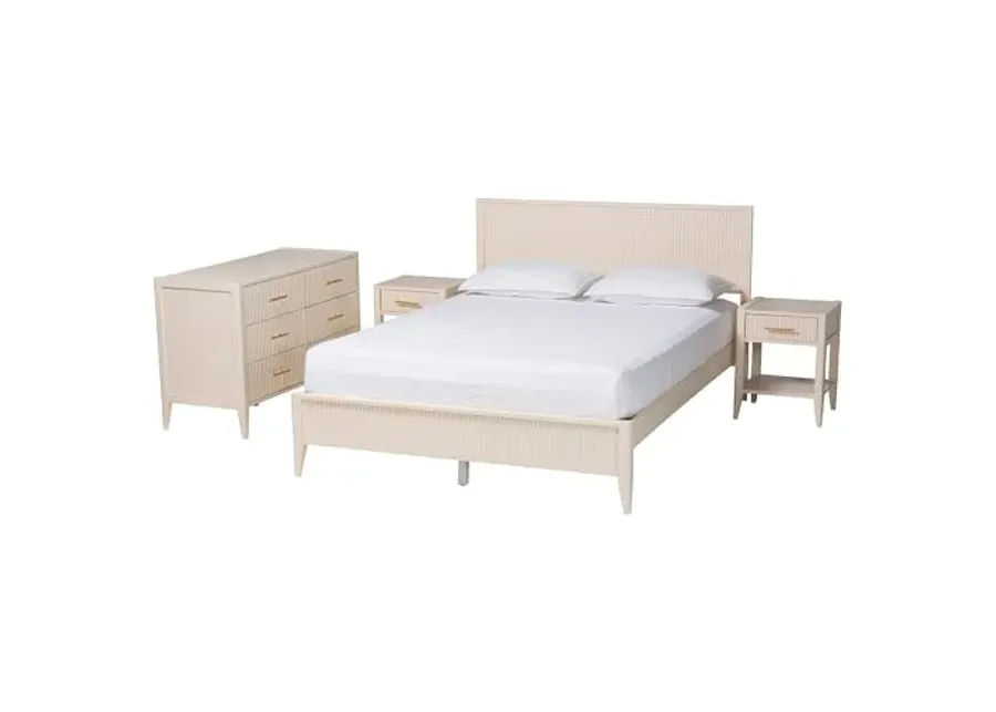 Baxton Studio Primrose Fluted Wood Platform Bed Set, 4-Piece, Queen, Ivory-Ivory